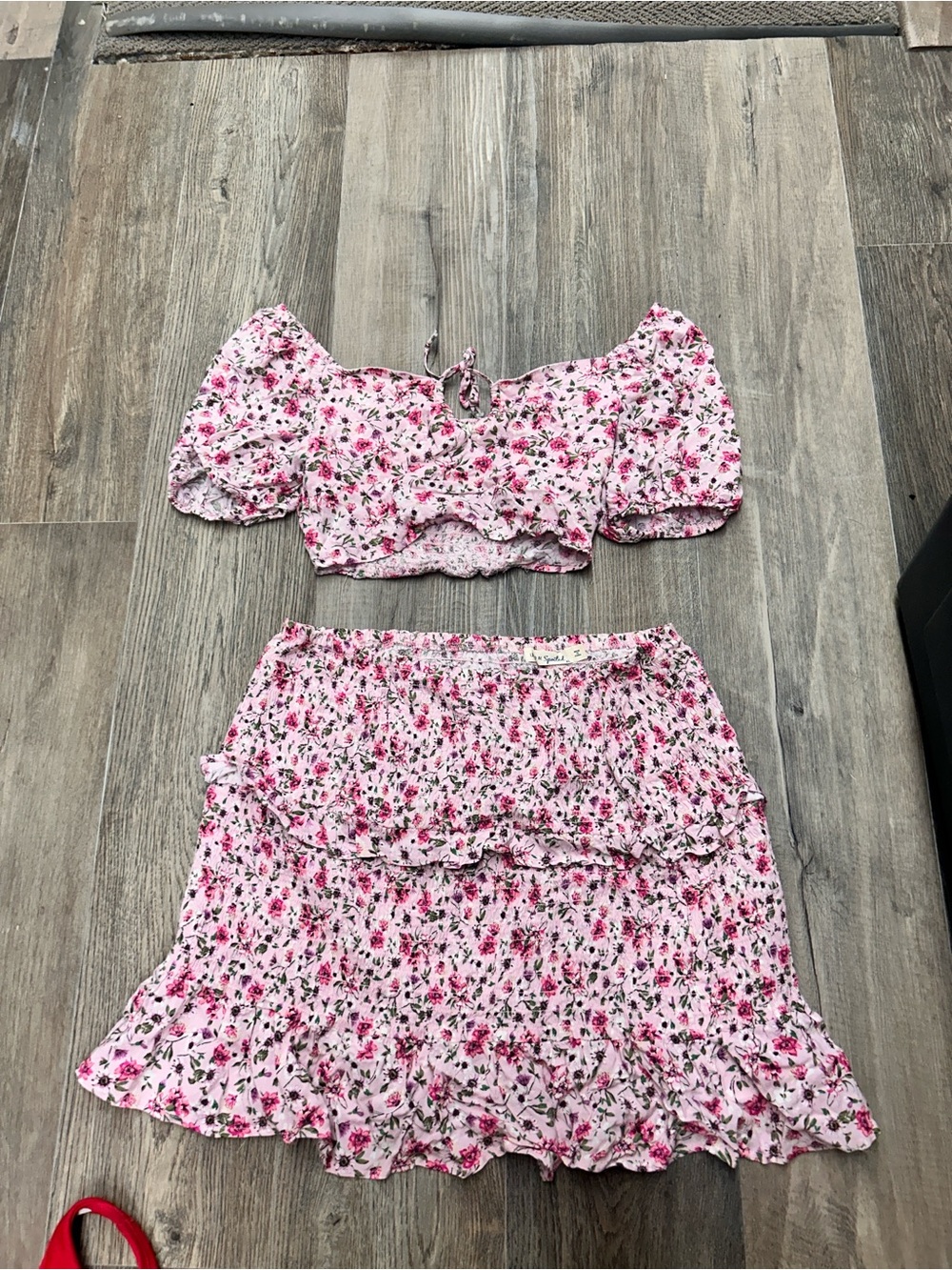 Girls pink floral ruffle skirt and crop top